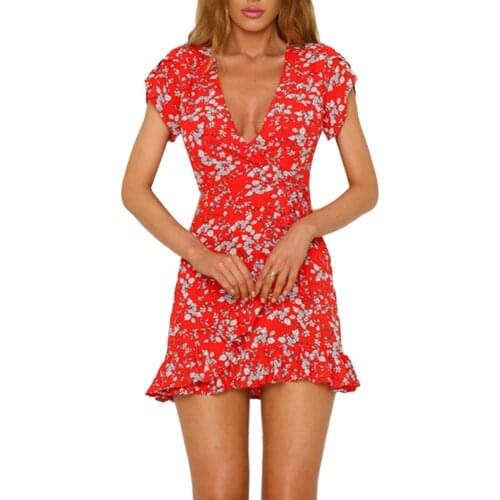 Summer dress Women Sexy Fashion Deep V Flower Leaf Print Short Sleeve Ruffled Bandage Mini Dress robe femme женское платье 2021