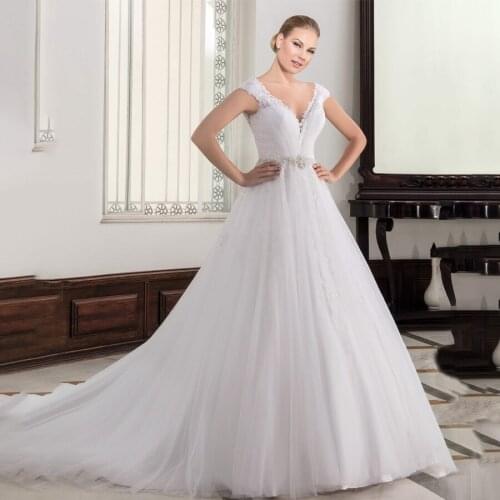Cap Sleeves Beading Belt White Ball Gown Wedding Dress with Lace Applique Bridal Gown vestidos de novia sencillos