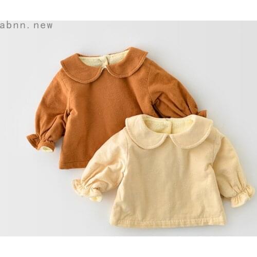 Winter Korean Style Baby Long Sleeve Cotton and Linen Fleece Thickened Doll Collar Shirt Can Be Worn outside