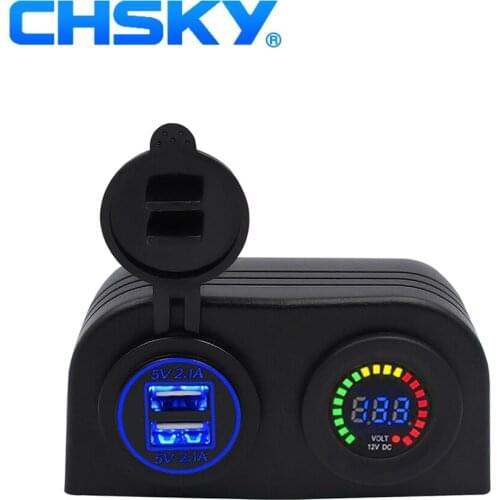 CHSKY 12V Car Cigarette Lighter Power Voltmeter with LED and Dual USB 5V 4.2A Motorcycle Car USB Charger Blue LED Power Adapter