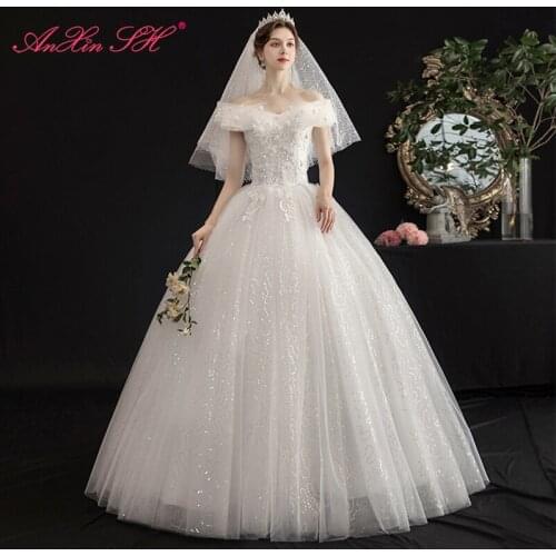 AnXin SH princess rose flower white lace wedding dress vintage beading crystal boat neck ruffles champagne bride wedding dress