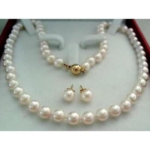 Free Shipping Gold Clasp 8-9MM AAA+ White Akoya Cultured Pearl Necklace Earring