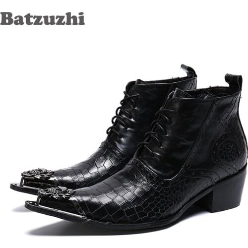 Batzuzhi 6.5cm Heels Men Ankle Boots High Top Lace Up Dress Shoes Black Genuine Leather Boots Footwear, Big Sizes 38-46