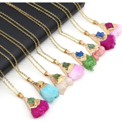 Trendy Natural Agates Druzy Pendant Necklace Irregular Multi-color Druzy Chain Necklace Jewelry for Women Reiki Heal Gifts