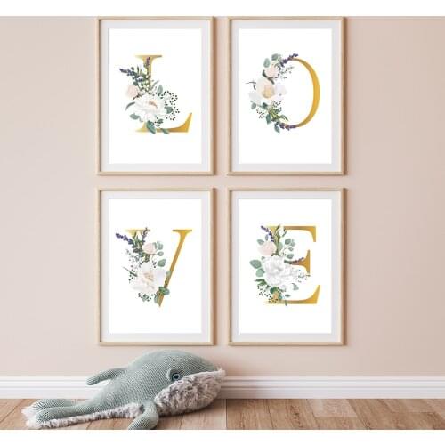 Floral Alphabet Poster Botanical Letters Custom Name Wall Art Pictures Print Canvas Painting Interior Living Room Decoration