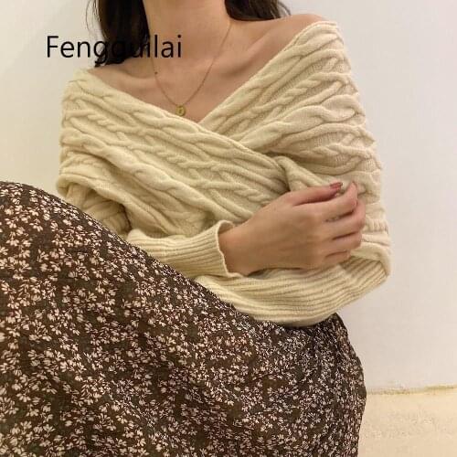 FENGGUILAI Casual Twisted V-Neck Autumn Hot Knitted Basic All-Match Girls Office Lady Women Vintage Pullovers Slender Sweaters