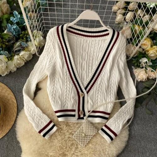 Harajuku stripe Knit Cardigans Sweater Women V Neck Loose cardigan Female Sweaters Cute girls sweater elegant knitted jumpers