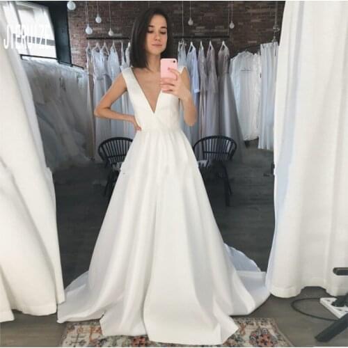 JIERUIZE Cheap Satin Wedding Dresses A line Sexy Deep V Neckline Open Back White Ivory Bridal Gown vestido de novia