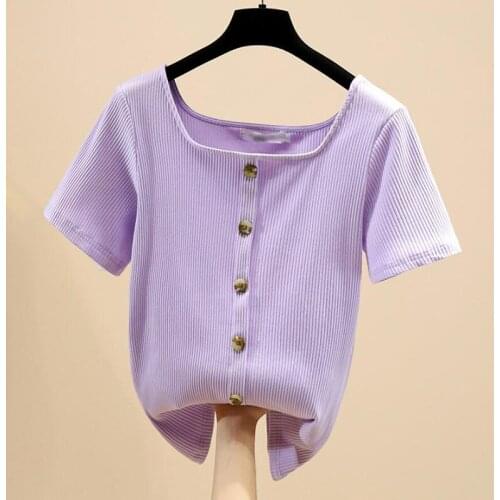 Summer T Shirt Women Clothes 2021 Elegant Square collar Button Short Sleeve Tees Tops Solid color Casual T-Shirt Female Tops