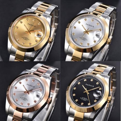 PARNIS Brand Gold/Rose Gold Coated Automatic Men Watch Sapphire Glass Date Mental Strap MINGZHU Movement Diamond-Like Marks