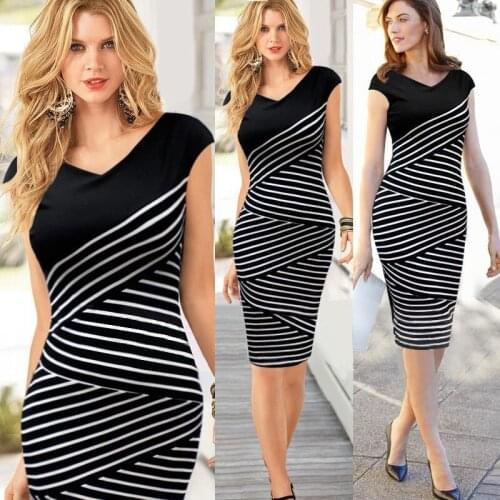 New Summer Womens Fashion Dress V-neck Short Sleeve Stripe Multi Layer Stitching Buttock Wrap Lady Dress
