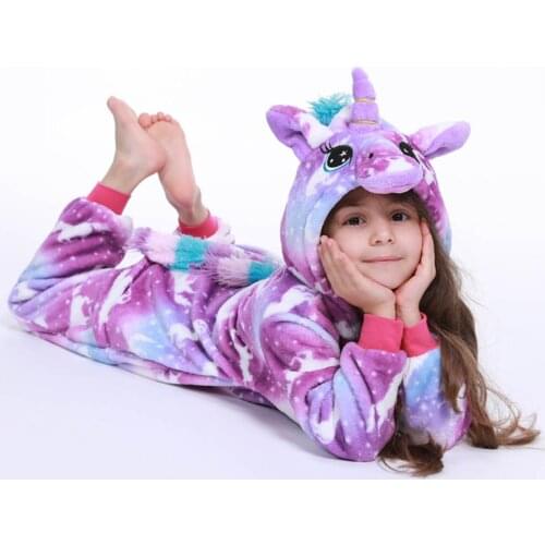 Boy Girl Cartoon Kigurumi Cosplay Pyjama Winter Flannel Christmas Deer Hooded Sleepwear Hoodies Children Unicorn Pajamas