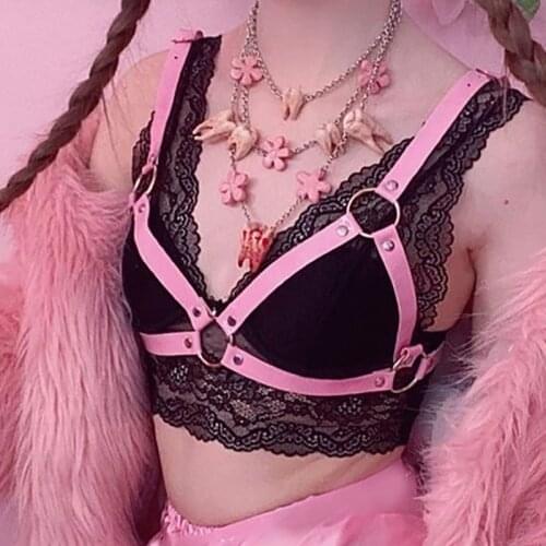 Fashion Sweet Leather Harness Women Pink Suspender Blue Hollow Out Chest Bra Punk Body Bondage Festival Rave Clothes Accessories