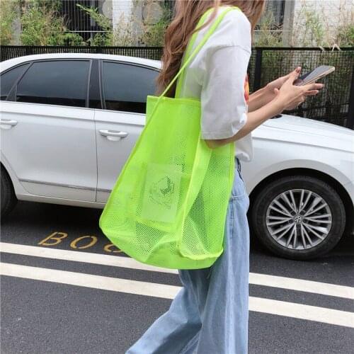 Clear Mesh Shoulder Bag Women Beach Bag Canvas Shopping Bag Large Heavy Duty Roll Folding Handbags Mom Baby Toy Travel Tote