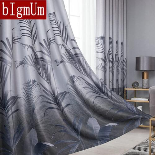 Gray Blue Gradient Leaves Print Curtains for Living Dining Room Bedroom Blackout Curtain Tulle Sheers Ready Made Finished