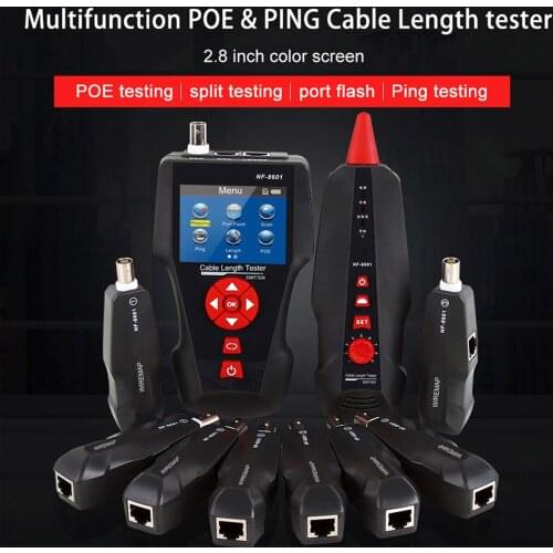 LCD Network Cable Tester Wire Tracker RJ11 RJ45 BNC Wire Length Finder with 8 Remote Adapters PING & POE Testing Functions