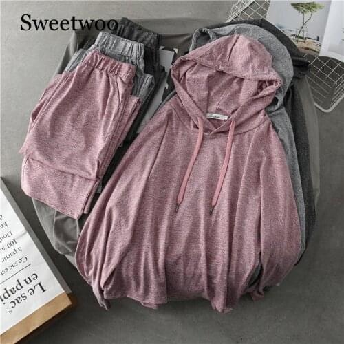 SWEETWOO Spring Women 2-piece Running Set 2020 Fashion Loose Short Hooded Tracksuit Workout Casual Loose Sweatshirts Long Set