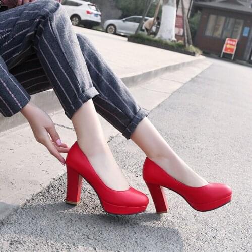 YQBTDL Fashion Concise Dress Office Bridal Shoes Women Block High Heels White Red Black Blue Shallow Ladies Heel Pumps Summer