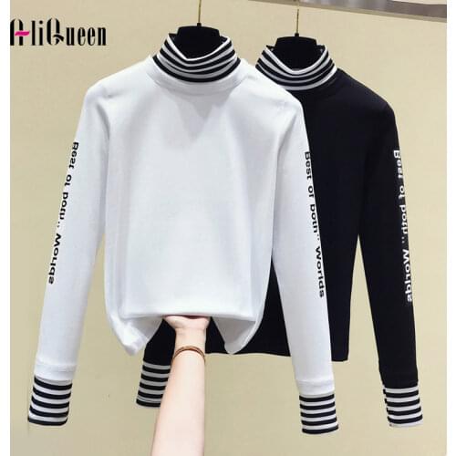 2020 Autumn Women Black Long Sleeve Patchwork Striped Turtleneck Pullover T-shirts Top Korean Female White Words Winter Tshirt