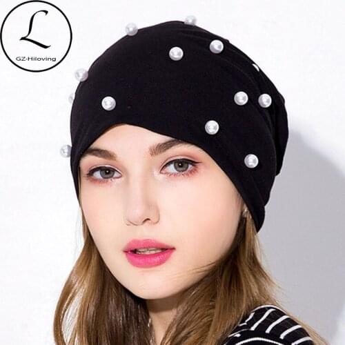 GZhilovingl New Womens Beanies Hats Cotton With Pearls Autumn Winter Soft Solid Ployester Slouch Skullies Hats For Ladies Girls