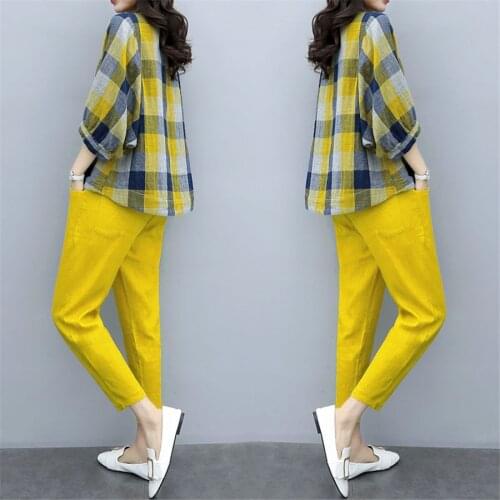 Two Piece Sets Outfits Women Plus Size Plaid Blouses And Pants Suits Korean Elegant Casual 2 Piece Sets 2019
