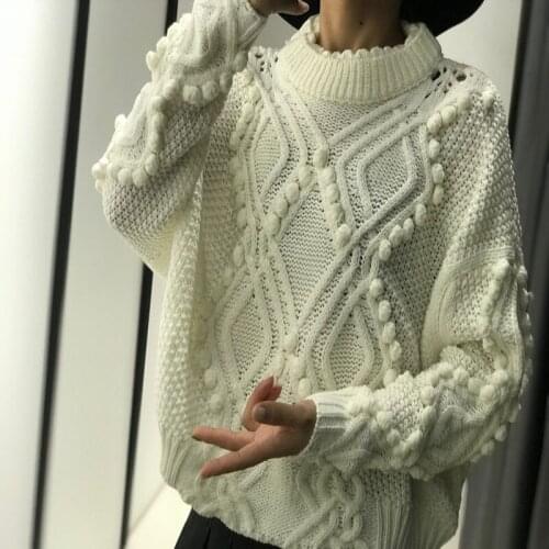 Pullover New Arrival Full Pullovers Feminino 2019 New Winter Turtleneck Sweater Ball Texture Hollow Bat Sleeve Female Lazy Wind