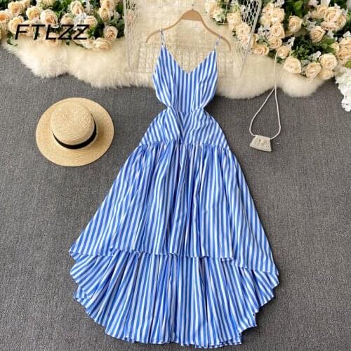 2021 New Women Stripe Strap Dress Fashion Sexy V Neck Irregular Dresses Woman Korean Midi Boho Long Robe Vestidos