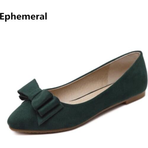 2018 New Arrivals Flats Women Shoes With Bow Flock Pointed Toe Slip-ons Soft Bottom Plus Size 44 33 40 Green Beige Black Fashion