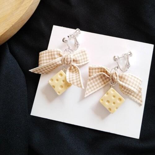 2020 Korean Fashion geometric bowknot cloth Clip On earrings funny cute cheese resin earrings women jewelry ear clip gifts