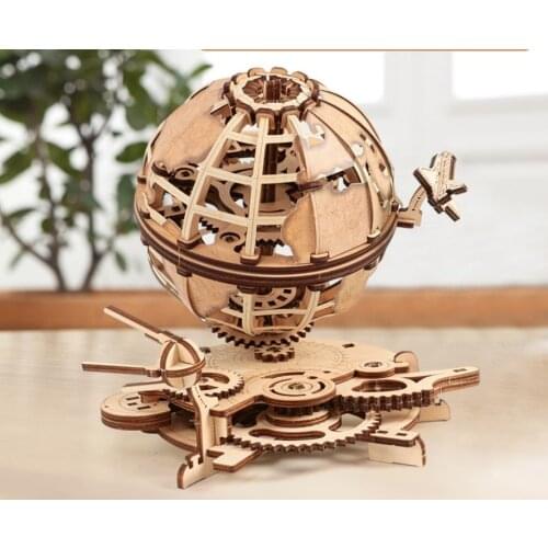 3D DIY Wooden Globe Puzzle Mechanical Drive Model Transmission Gear Rotate Assembling Puzzles Home Office Decoration Toys Adult