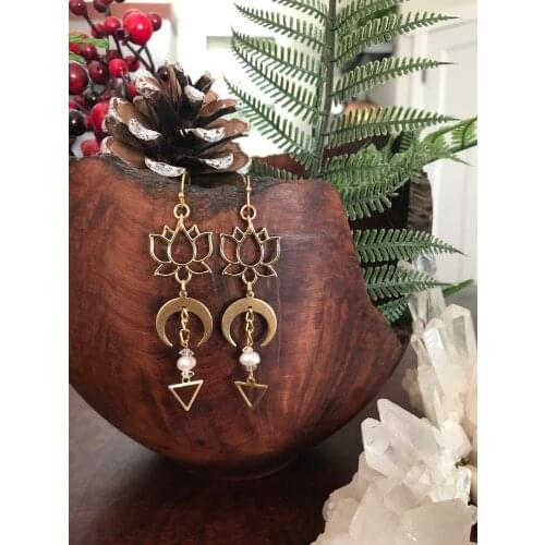 Herkimer Diamond Pearl Lotus Earrings, Aesthetic Hypoallergenic Moon Goddess Jewelry