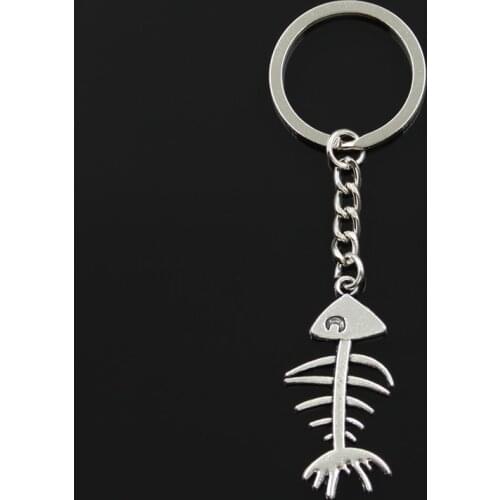 Fashion 30mm Key Ring Metal Key Chain Keychain Jewelry Antique Silver Color Plated Fish Bone 42x21mm Pendant