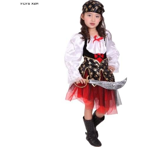 Skull Print Girls Halloween Pirate Costumes Kids Children Robber Cosplay Carnival Purim parade Stage show Role play party dress