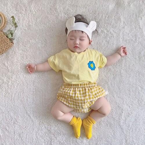 0-4Years Newborn Baby Boy Girl Summer Clothes Short Sleeve Pullover T-shirt+Plaid Shorts Bottom 2PCS Clothing Set