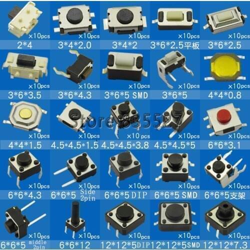 25 kinds choice , Light touch switch pack small key switch micro switch pack Push Button 6x6 12*12 2.5 3.5 4.3 side SMD DIP