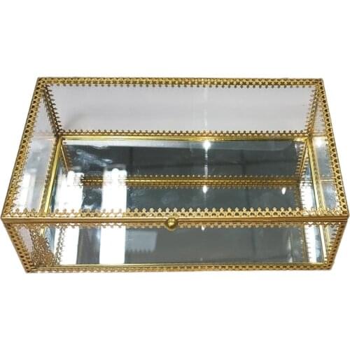 Rectangle Gold Brass Glass Ring Trinket Box Lace Edged Wedding Ring Box Clear Glass Jewelry Box Tabletop Home Organizer