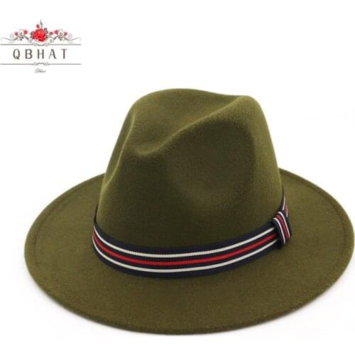QBHAT Vintage Plain Men Women Jazz Fedora Hats Black Floppy Jazz Striped Band Wool Felt Panama Sunhat Unisex Gambler Hat QB38