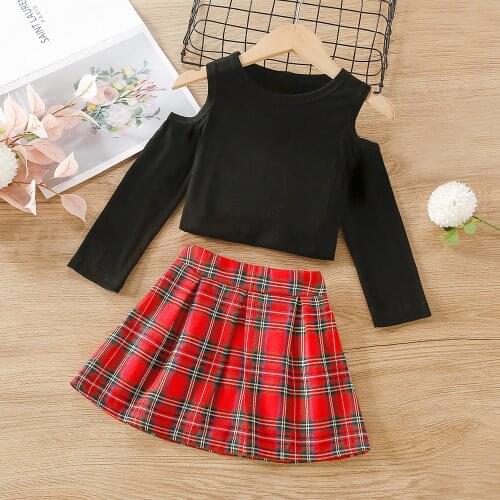 Long Sleeve Shirts + Plaid Skirt Girls Outfirts Spring Autumn Baby Kids Cold Shoulder O Neck Tops and Short Skirt Clothing Sets