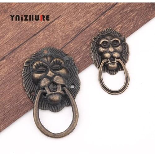 2Size Vintage Lion Head Furniture Handle Pulls Lion Head Knob With Ring Wardrobe Drawer Door Pull Retro Decoration