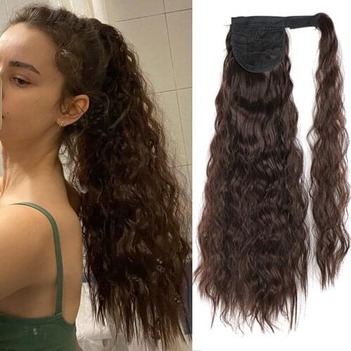 AZQUEEN Long Curly Ponytail Wrap Around Ponytail Clip in Hair Extensions Natural Hairpiece Headwear Synthetic Hair Brown Gray