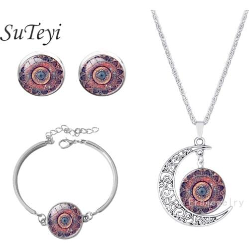 SUTEYI Mandala Flower OM Symbol Buddhism Zen Picture Glass Cabochon Stud Earrings bracelet Necklace Jewelry Set for Women