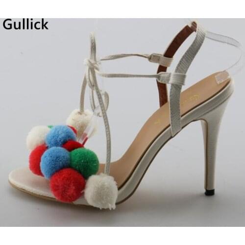 Gullick Colorful Pompon Thin High Heels Lace Women Fashion Pumps Peep Toe Shoes Woman Prom Dress Shoe Factory Price Real Photos