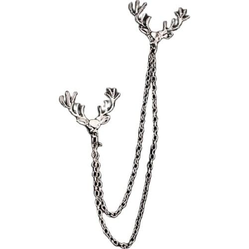 Unisex Deer Head Elk Gold / Silver Tips Double Link Chains Tassels Collar Pins Brooch Clip Pin Brooches