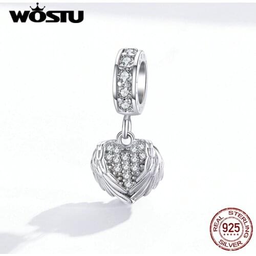 WOSTU 925 Sterling Silver Wing of heart Charms Dazzling Zircon Bead Fit Original Bracelet Pendant DIY Necklace Jewelry FNC138