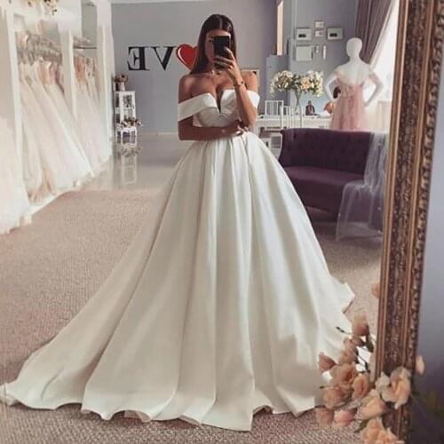 WUZHIYI Tailor-Made Sof Satin A Line Wedding Dresses Princess White/Ivory Off The Shoulder Bridal Gowns Simple Marriage Dress