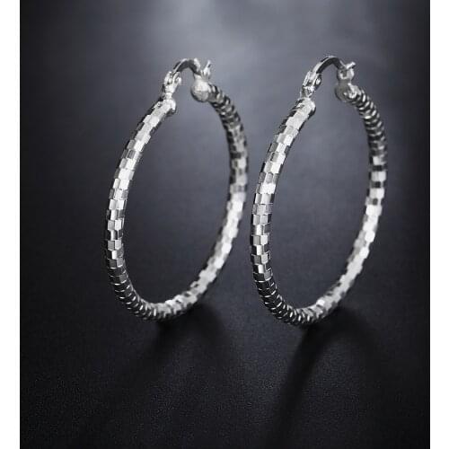 High quality 925 Sterling Silver hoop Earrings for Women Jewelry Elegant Lattice pattern 4CM Big circle Earrings Gifts