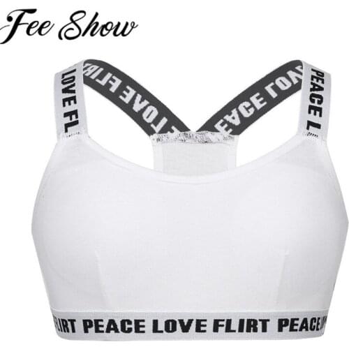 FEESHOW 7-14 Kids Girls Crop Top Letter Printed Halter Sequins Bra Vest for Ballet Gymnastic Leotard Performance Dance Clothes