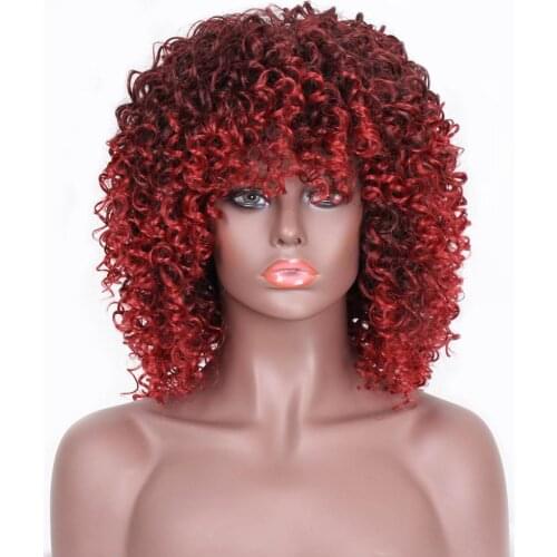 AISI HAIR 14inches Kinky Curly Wig With Bangs Red Wig Synthetic Wigs for Black Women Heat Resistant Fiber Cosplay Women