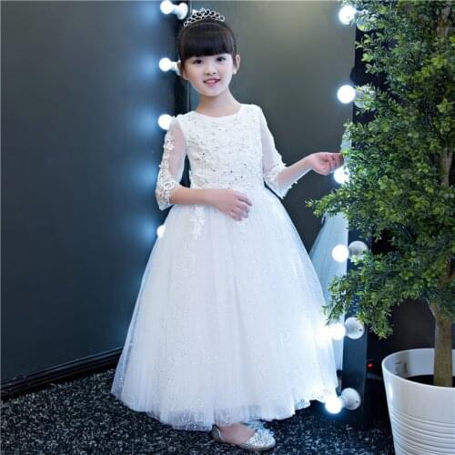 2017 White Lace Sequin Flower Girls Dresses For Wedding Half Sleeve Girl Formal Birthday Party Dress Princess Gown Kids Vestido
