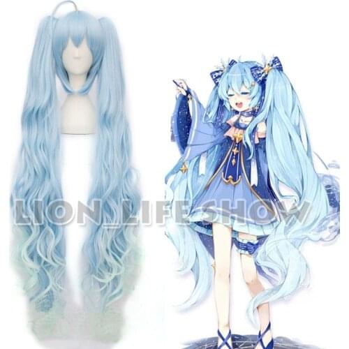 VOCALOID 2017 Snow Miku Star Princess Long Blue Curly Wavy Cosplay Wig+Wig cap